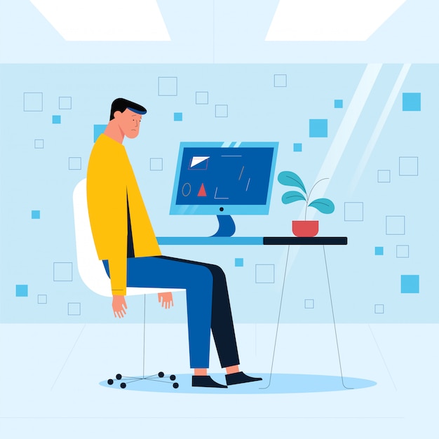 An office employee sits on a chair in front of a computer with his hands down. Office situation concept. Vector illustration