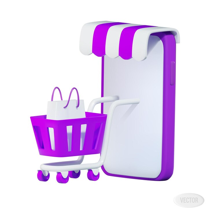 an online phone store with an awning and a shopping cart Vector 3d illustration on white background