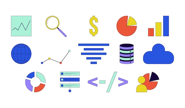 Analytics database management 2D linear cartoon objects set