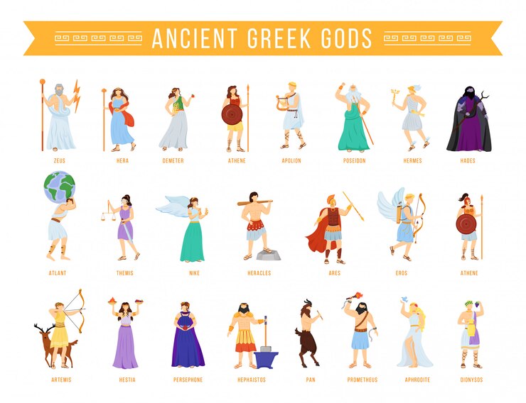 Ancient Greek pantheon gods and goddesses flat vector illustrations set. Titans and heroes. Mythology. Olympian deities. Divine mythological figures. Isolated cartoon characters