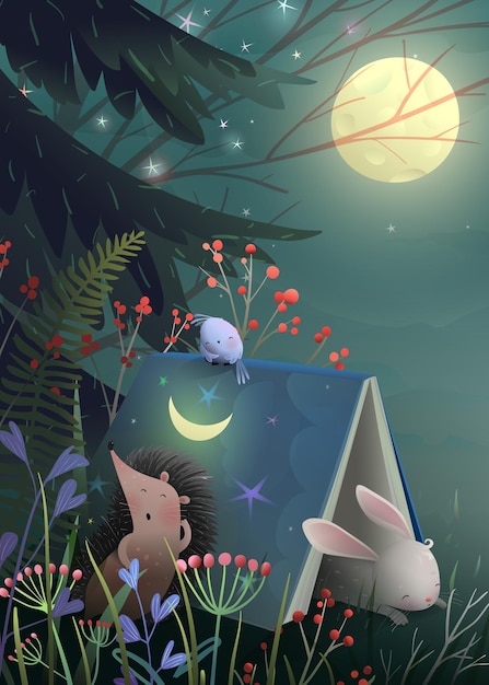 Animals sleeping in forest at night under the book
