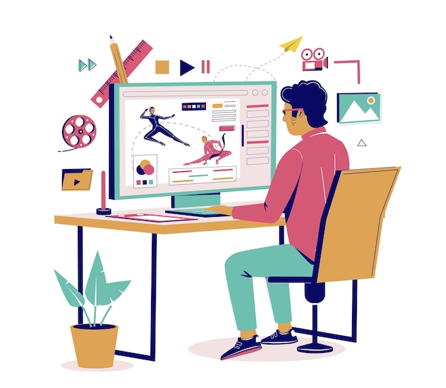 Animation designer at computer with video motion design on screen