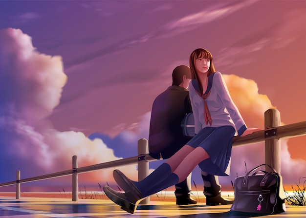 anime style of young Japanese students relax together at the harbor in the evening