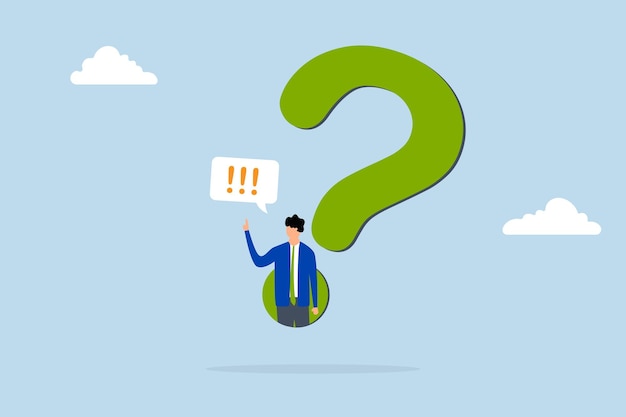 Answer business question determination businessman comes out of question mark to answer question