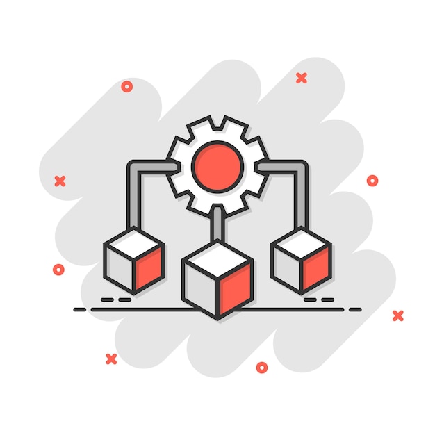 Api technology icon in comic style Algorithm cartoon vector illustration on white isolated background Gear with arrow splash effect business concept
