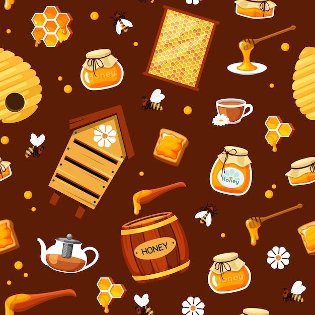 Apiary pattern wax and honey illustrations for textile design projects Vector cartoon seamless background with apiary food