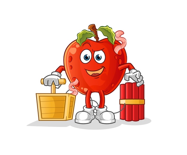 Apple with worm holding dynamite detonator cartoon mascot vector