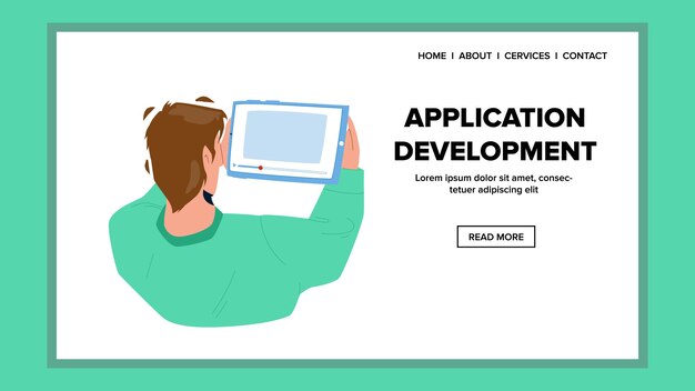 Application Development Programmer Work Vector. Coder Application Development For Digital Device Tablet. Character Developing And Testing App For Electronic Gadget Web Flat Cartoon Illustration