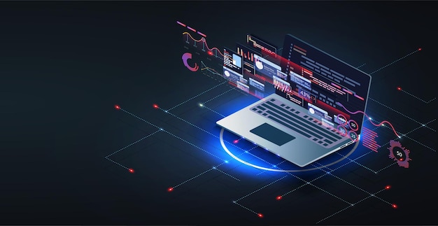 Application of laptop with business graph and analytics data on isometric laptop Digital money market investment finance and trading Perfect for web design banner presentation Isometric