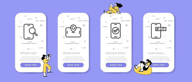 Applications set icon Search geolocation approved tick phone gadget device Technology concept UI phone app screens with people Vector line icon for Business and Advertising
