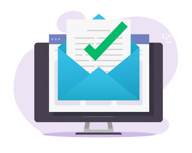 Approved email message check mark notice in document online on desktop computer