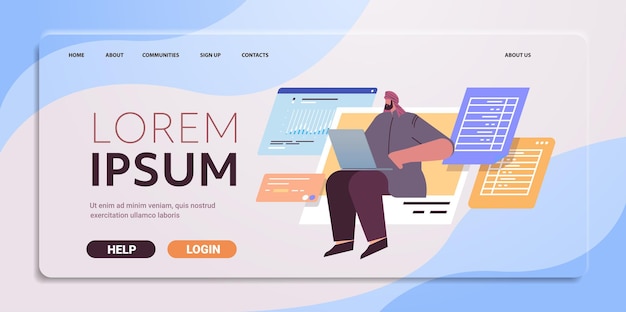 arab businessman analyzing data on laptop business analyst making analytics report working process concept horizontal full length copy space vector illustration