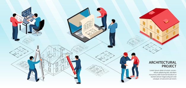 Architectural project infographic layout with designers working with computer app and drawing tools