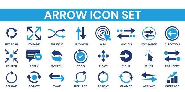 Arrow icons collection featuring navigation directional curved and circular designs for graphics