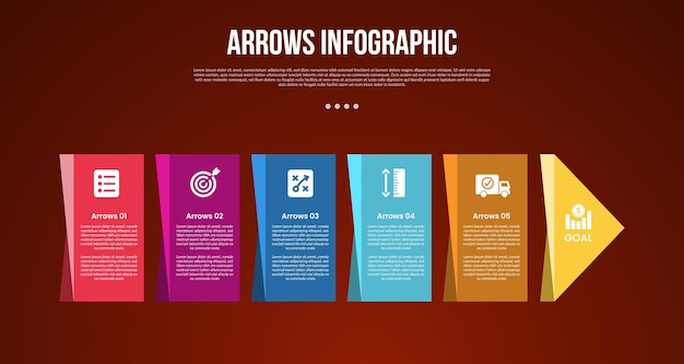 arrows template infographic with creative box vertical on horizontal direction with 5 point with dark style for slide presentation
