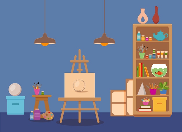 art studio interior colorful  illustration. painter artist workshop room with tools: canvas, easel with sphere sketch, paints, palette, brushes, lamp, shelves with tools, books, pencils, plants