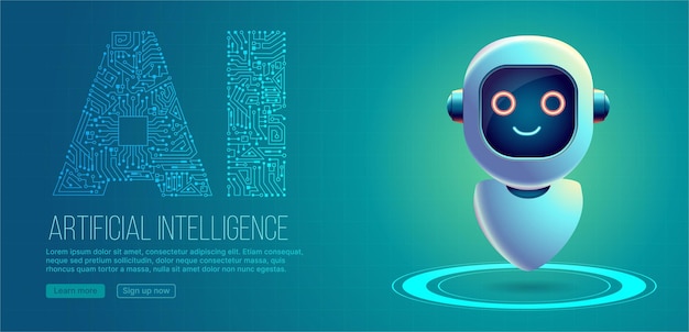 Artificial Intelligence Ai Robot on teal green background AI digital circuitry title