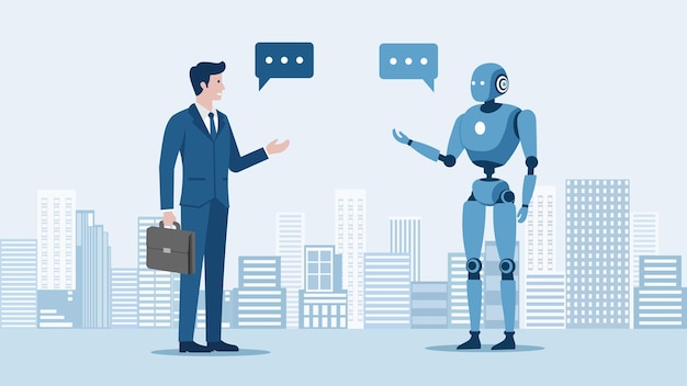 artificial intelligence and ai technologies assistance concept businessman talking to android moder