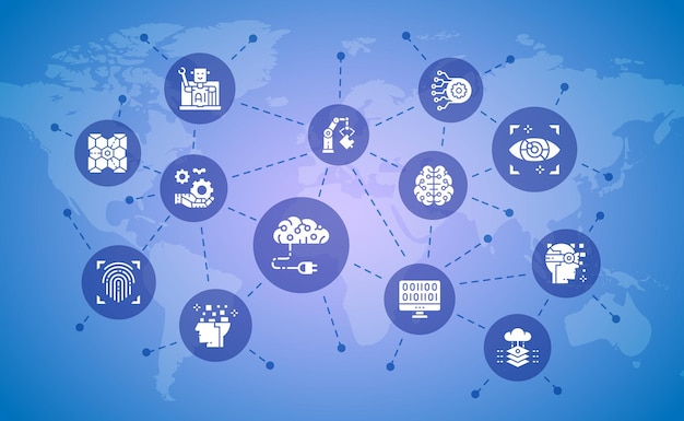 Artificial Intelligence business banner concept Robotics Chatbot Database Big Data illustration