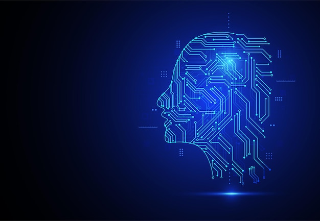 artificial intelligence geometric human head outline with circuit board technology and engineering concept background for web banner card cover vector illustration