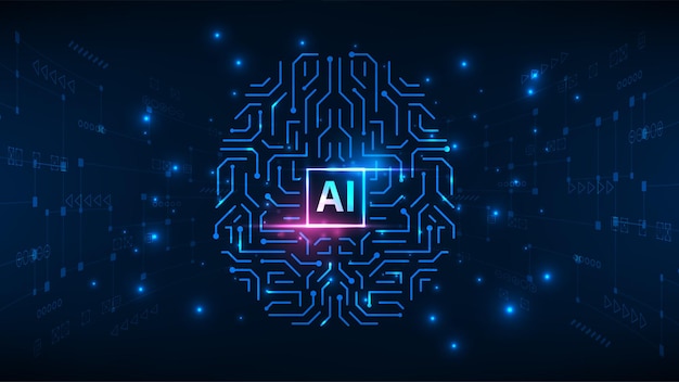 Artificial intelligence microchip concept Giowing connection hologram brain technology background