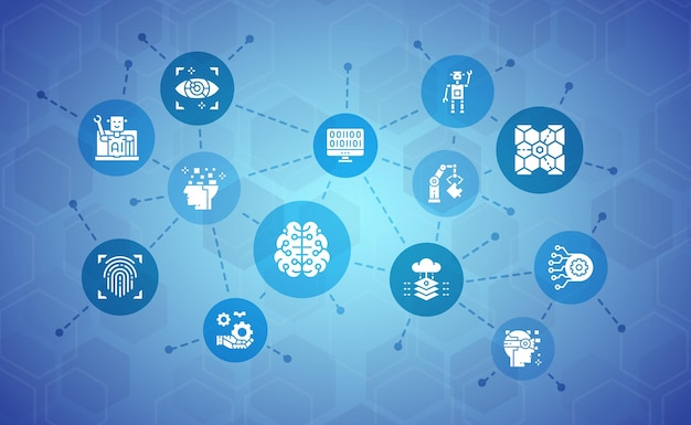 Artificial Intelligence promotion icons illustration Robotics Chatbot Database Big Data for banner