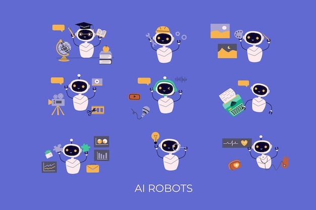 Artificial intelligence robots set Ai generating texts images video music audio working
