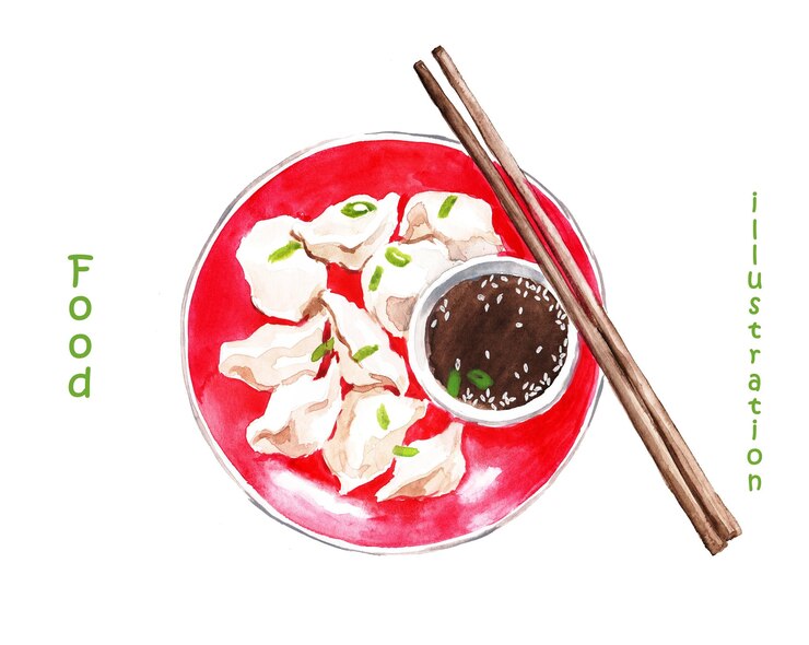 Vektor asiatisk mat, tradisjonell mat, japansk mat, akvarellillustrasjon, matfat med