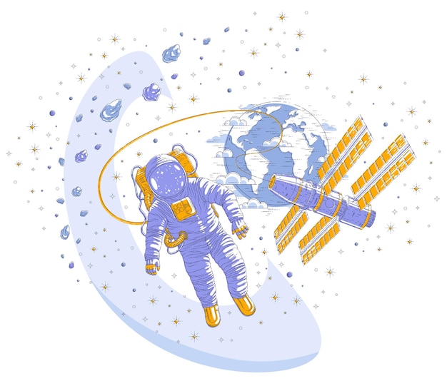 Astronaut flying in open space connected to space station and earth planet in background, spaceman in spacesuit floating in weightlessness and iss spacecraft, asteroids and stars. Vector isolated.