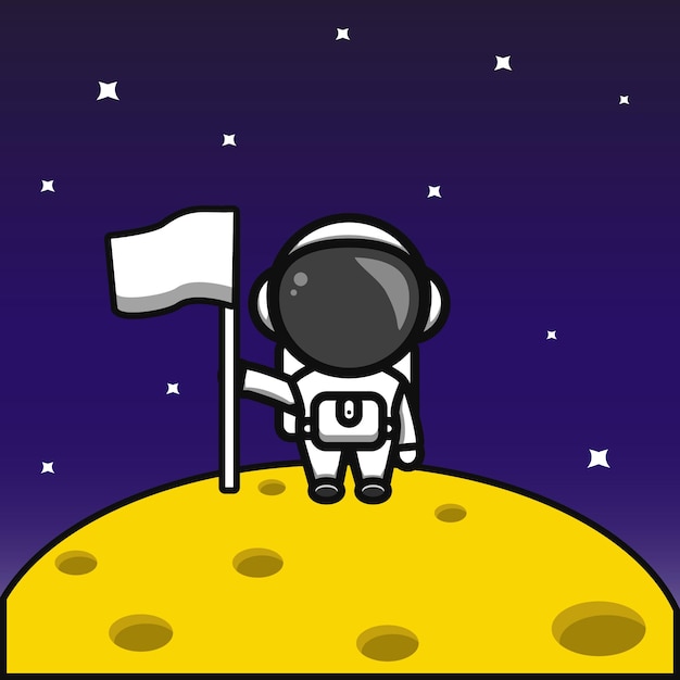 astronaut on the moon with flag cartoon
