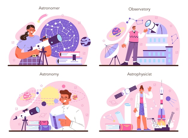 Astronomy and astronomer concept set. Professional scientist looking through a telescope at the stars in observatory. Astrophysicist study universe. Flat vector illustration
