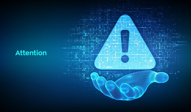 attention symbol made with binary code in wireframe hand danger sign virus alert hacking piracy