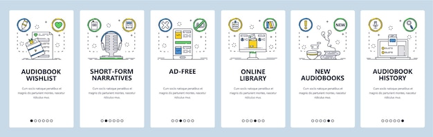Audiobooks web site and mobile app onboarding screens Menu banner vector template for website and application development Audiobook listening app online digital library Thin line art flat style