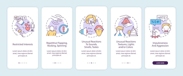 Autism symptoms onboarding mobile app page screen. Restrictive interests, aggression walkthrough 5 steps graphic instructions with concepts. UI, UX, GUI vector template with linear color illustrations