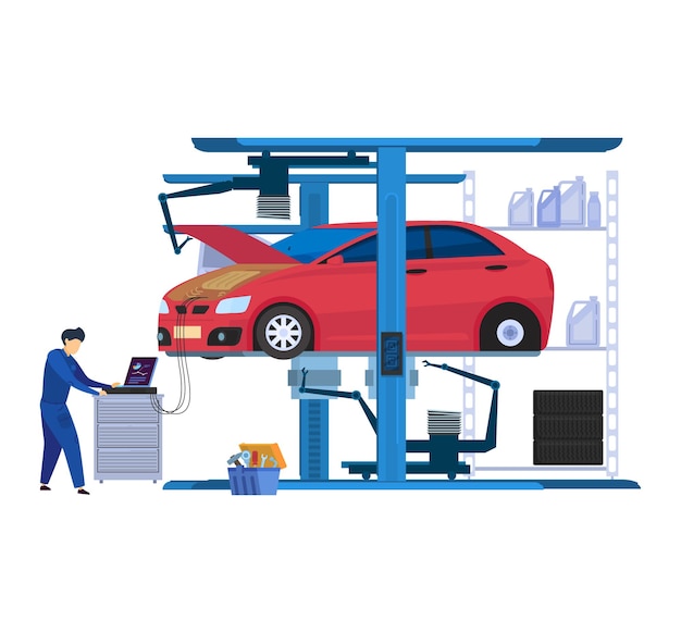 Auto mechanic working on a diagnostic computer next to a lifted red car in a garage car repair and