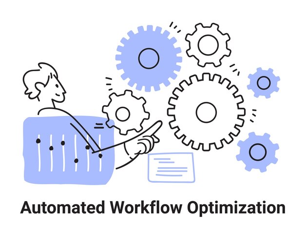 Automated workflow optimization concept with gears person interacting with controls blue accents