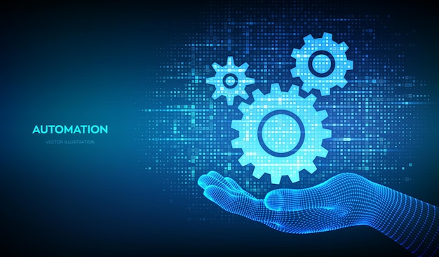 Automation and IOT software concept. Gears icons made with binary code in wireframe hand. Digital binary data and streaming digital code. Matrix background with digits 1.0. Vector Illustration.