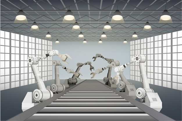 Automatiseringsfabrikk med robotmonteringslinje i fabrikkvektorillustrasjon