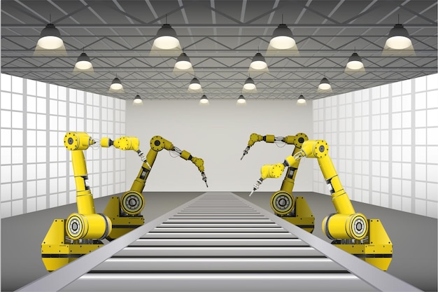 Automatiseringsfabrikk med robotmonteringslinje i fabrikkvektorillustrasjon