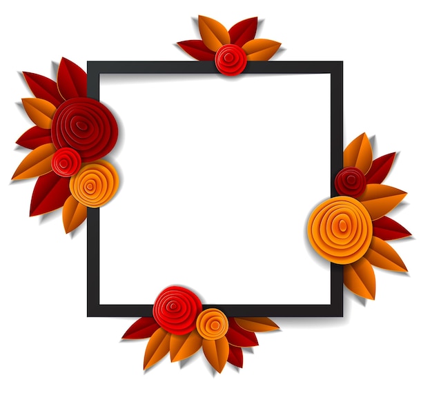 autumn flowers and leaves beautiful background or frame with blank copy space for text, vector illustration in paper cut style. wedding invitation or romantic greeting card.