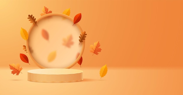 Autumn wicker round podium with a matte transparent display against the background of falling leaves