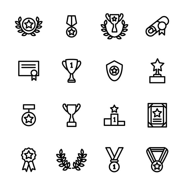 Award Signs Black Thin Line Icon Set Include of Trophy Medal Cup Star Badge and Ribbon Vector illustration of Icons