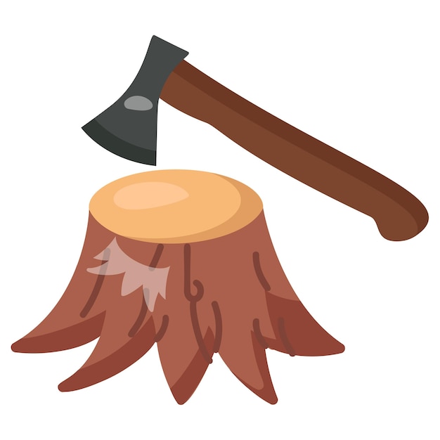 Axe and small remaining portion of trunk with the roots concept vector color design timber lumber