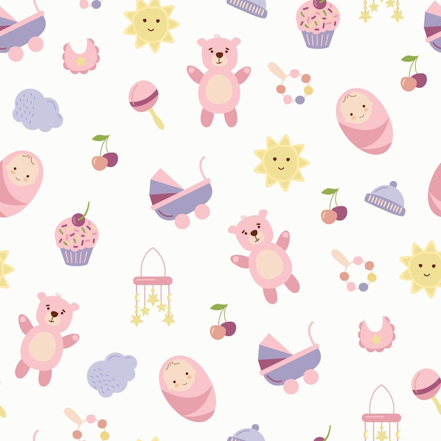 baby pattern with child's toys objects seamless pattern with baby things design for fabrics text