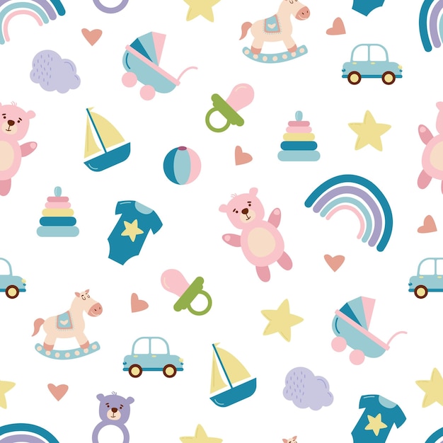 baby pattern with child's toys objects seamless pattern with baby things design for fabrics text