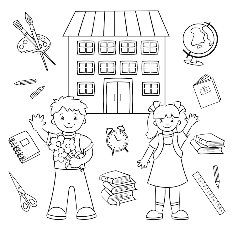 Vektor back to school coloring page schoolboy and schoolgirl boy and girl and school supplies