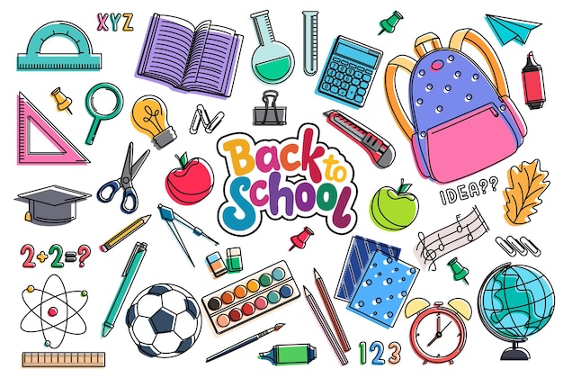Back to school outline colorful clipart set School elements drawing supplies clip art like book