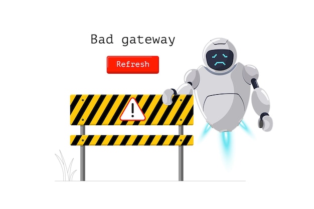 Bad gateway website page http error status code wrong internet result with oops worried robot