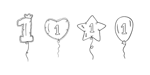balloons with number 1 in different shapes in outline style