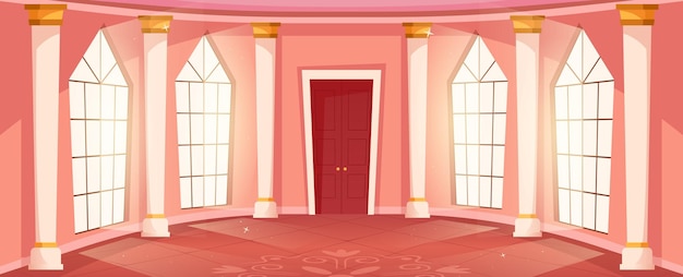 Ballroom hall background Cartoon medieval castle interior with tall windows royal grand hall vector illustration